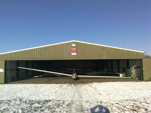 Glider in the hanger on a winters day